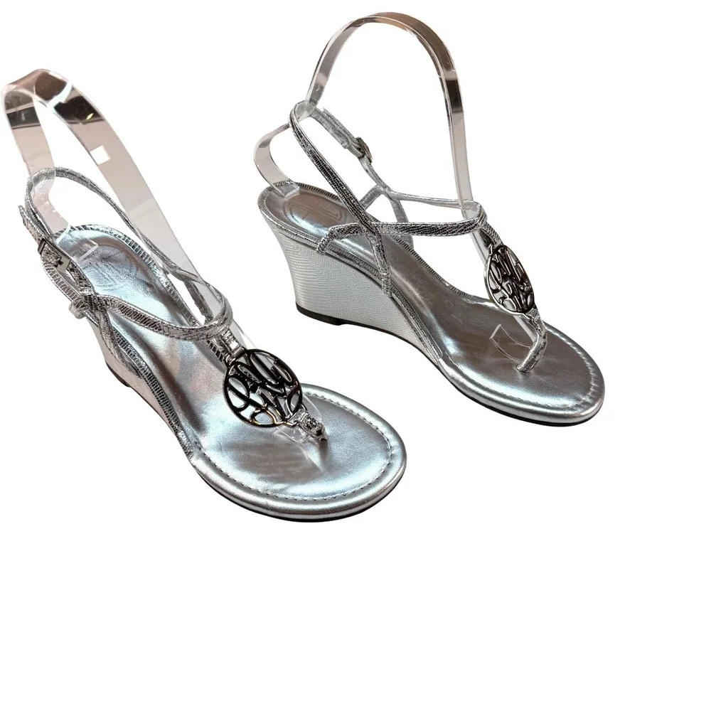 Lilly Pulitzer Silver Metallic Wedge Sandals Logo Medallion Womens Size 6